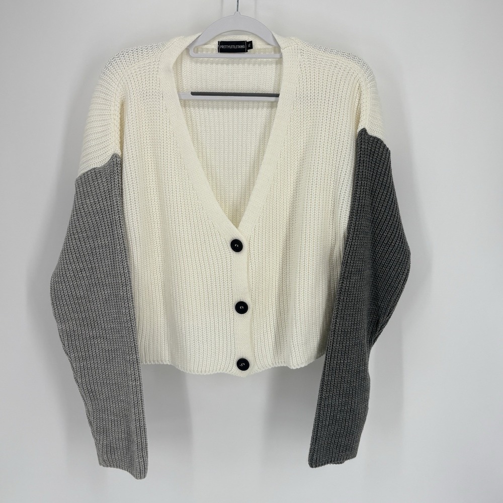 PrettyLittleThing Plus Grey Colour Block‎ Button Up Cropped Cardigan XL